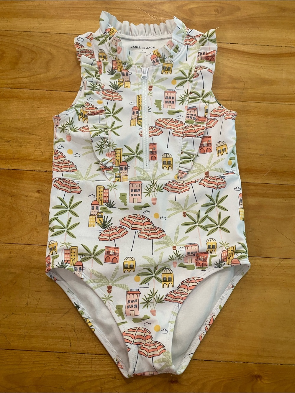 Janie and Jack White One-Piece Swimsuit with Multi-Color Tropical Print